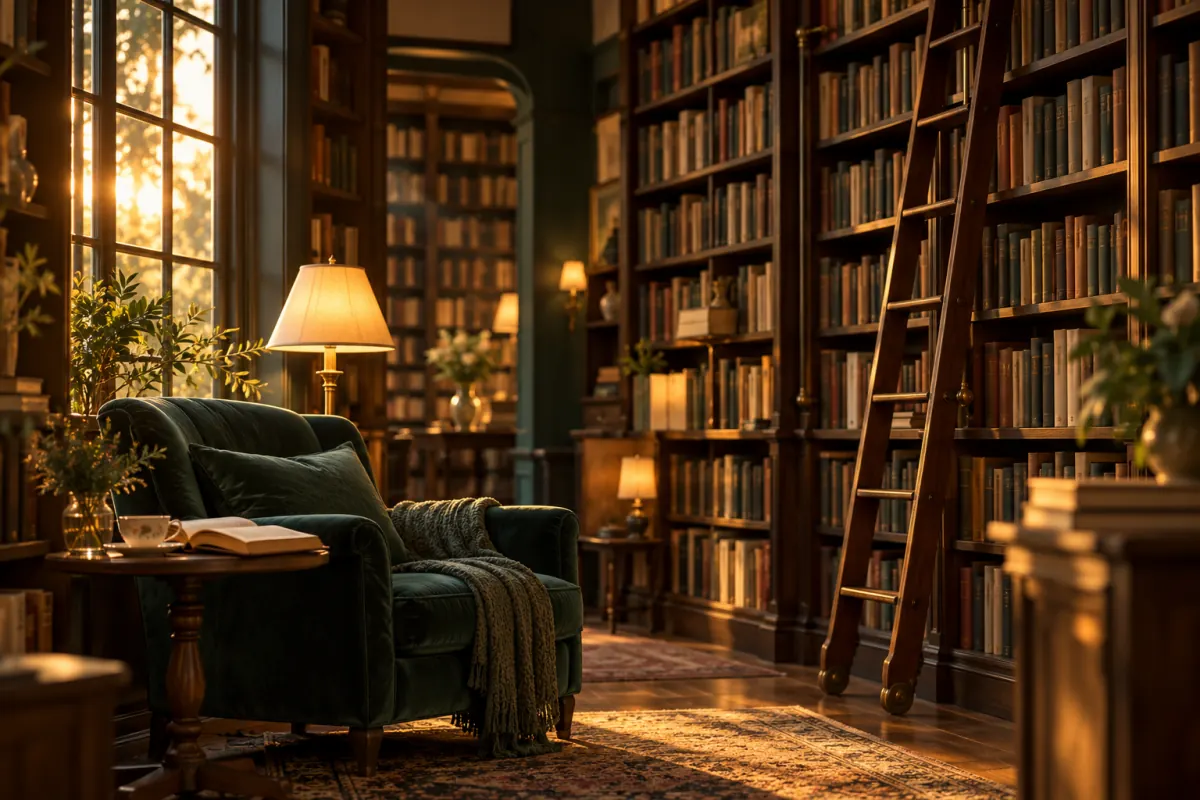 A cosy bookshop at golden hour: tall wooden shelves, a rolling ladder and a green armchair by the window
