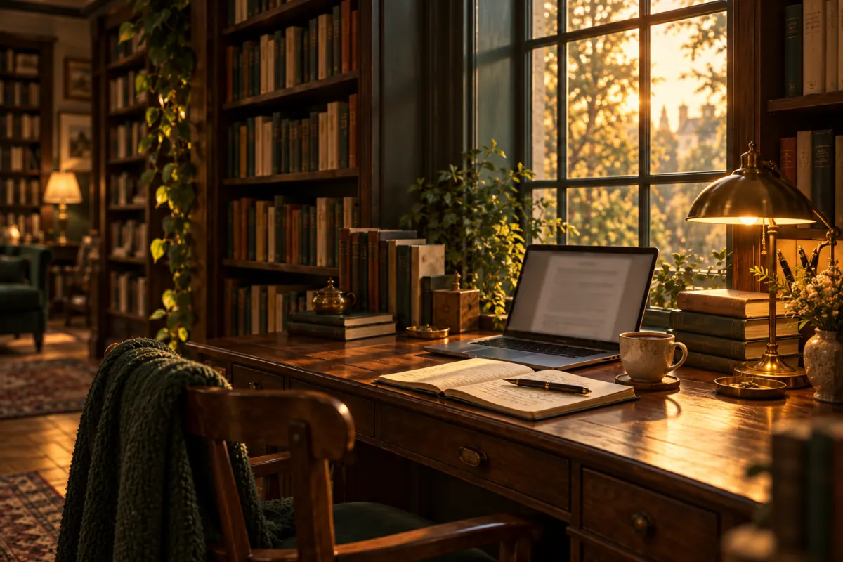 A writer's desk by a bookshop window: an open laptop, a notebook, a fountain pen and a brass lamp
